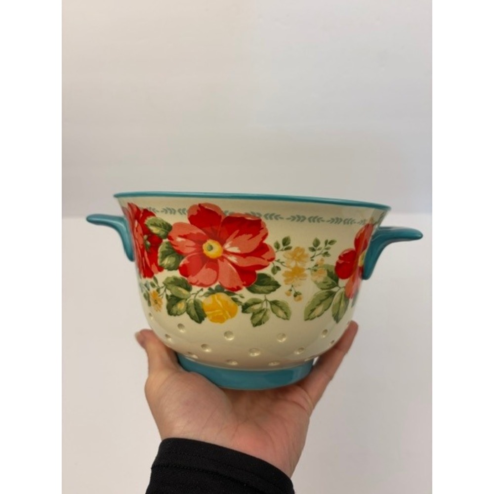 Pioneer Woman Vintage Floral Stoneware Colander Berry Bowl Teal Handles